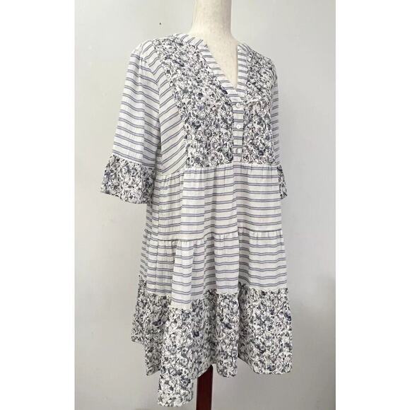 Voy Dress White & Blue Striped & Blue Floral Eyelet Lace V Neck Women’s Sz M NWT - Picture 5 of 13